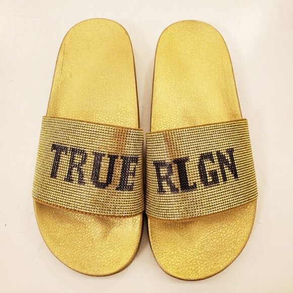 True Religion Meyer Slides 9 NWT Gold Metallic Rhinestones Bling Streetwear - Picture 1 of 12